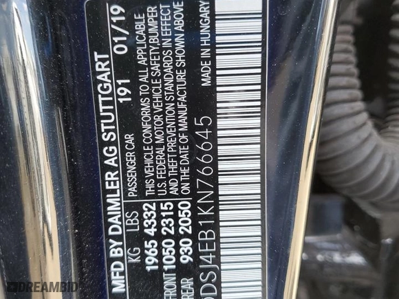 2019 Mercedes-Benz CLA with VIN WDDSJ4EB1KN766645, listed as a Copart auction lot 54074245 with 47,471 mi miles and Salvage Title. Bid and sale history available at carsss.com. Image 12.