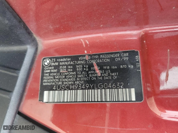 2000 BMW Z3 2.5L with VIN 4USCH9349YLG04632, listed as a Copart auction lot 75796274 with NaN miles and Salvage Title. Bid and sale history available at carsss.com. Image 13.
