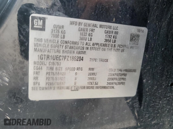 2015 GMC Sierra 1500 SLE z VIN 1GTR1UEC7FZ186204, wystawiony jako Copart lot #82695434 z przebiegiem 149 756 mil mil oraz Szkoda całkowita • Salvage title. Historia ofert i sprzedaży dostępna na DreamBid. Obrazek 12.
