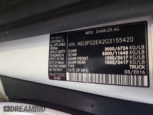 2016 Mercedes-Benz Metris Cargo with VIN WD3PG2EA2G3155420, listed as a IAAI auction lot 42304888 with 212,497 mi miles and . Bid and sale history available at DreamBid. Image 1.