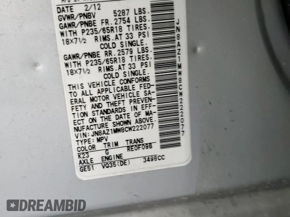 2012 Nissan Murano SL with VIN JN8AZ1MW8CW222077, listed as a Copart auction lot 58301444 with 0 mi miles and Salvage Title. Bid and sale history available at carsss.com. Image 15.
