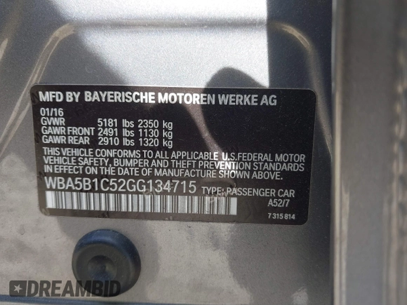 2016 BMW 5 Series 535i with VIN WBA5B1C52GG134715, listed as a IAAI auction lot 41826700 with 66,362 mi miles and . Bid and sale history available at DreamBid. Image 9.