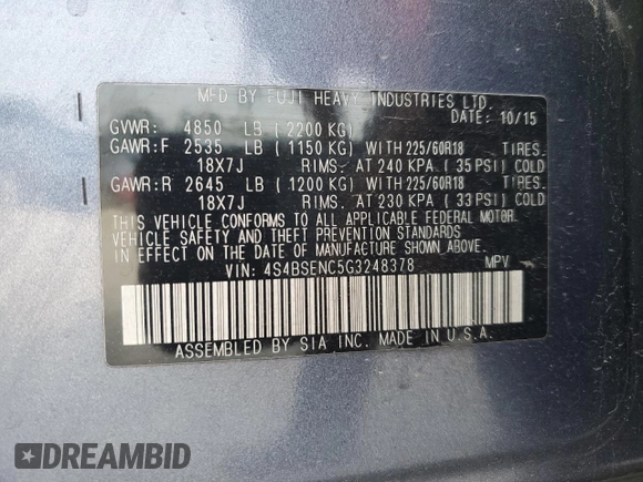 2016 Subaru Outback Limited с VIN 4S4BSENC5G3248378, выставлен на аукционе Copart как лот 56140635 с пробегом 140 860 миль миль и Списание • Salvage title. История ставок и продаж доступна на DreamBid. Изображение 13.