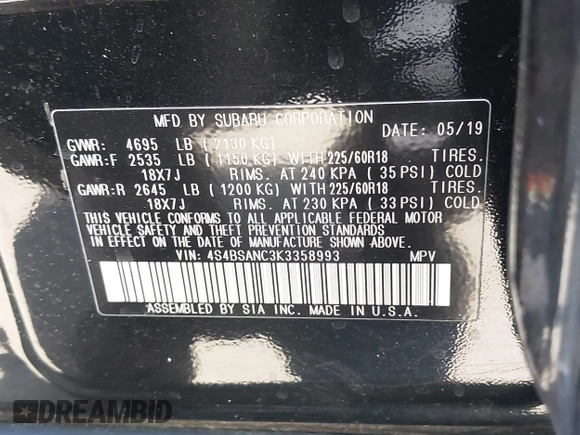 2019 Subaru Outback Limited with VIN 4S4BSANC3K3358993, listed as a IAAI auction lot 42075811 with 20,937 mi miles and . Bid and sale history available at DreamBid. Image 9.