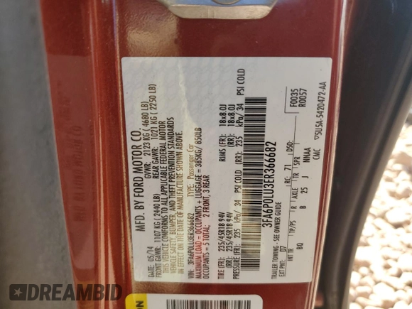 2014 Ford Fusion SE Hybrid with VIN 3FA6P0LU3ER366682, listed as a Copart auction lot 44687185 with 60,440 mi miles and Salvage Title. Bid and sale history available at DreamBid. Image 12.