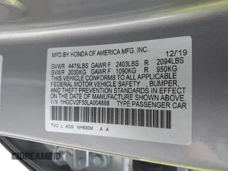 2020 Honda Accord EX-L with VIN 1HGCV2F50LA004868, listed as a IAAI auction lot 42261331 with 27,195 mi miles and . Bid and sale history available at DreamBid. Image 9.