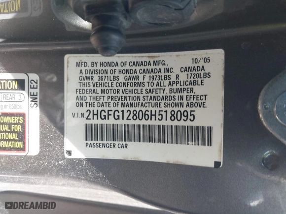 2006 Honda Civic Cpe EX with VIN 2HGFG12806H518095, listed as a IAAI auction lot 41948740 with 100,670 mi miles. Bid and sale history available at carsss.com. Image 9.