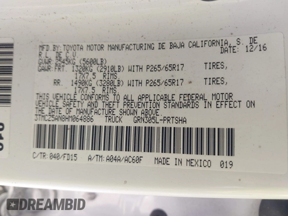2017 Toyota Tacoma SR5 with VIN 3TMCZ5AN8HM064886, listed as a IAAI auction lot 41750826 with 163,398 mi miles and . Bid and sale history available at DreamBid. Image 9.