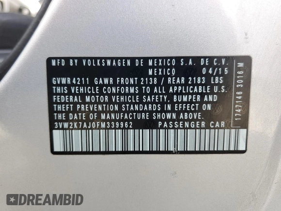 2015 Volkswagen Jetta S с VIN 3VW2K7AJ0FM339962, выставлен на аукционе Copart как лот 56393065 с пробегом 134 798 миль миль и Списание • Salvage title. История ставок и продаж доступна на DreamBid. Изображение 12.