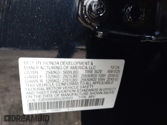 2025 Acura MDX w/Technology Package with VIN 5J8YD9H49SL003503, listed as a IAAI auction lot 41664451 with 3,574 mi miles. Bid and sale history available at carsss.com. Image 9.