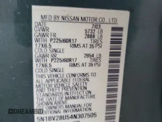 2004 Nissan Quest S with VIN 5N1BV28U54N307505, listed as a Copart auction lot 86931894 with 0 mi miles and Salvage Title. Bid and sale history available at carsss.com. Image 15.