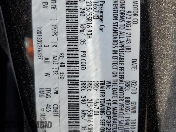 2013 Ford Focus SE with VIN 1FADP3F29DL276310, listed as a Copart auction lot 48211765 with 94,248 mi miles and Salvage Title. Bid and sale history available at carsss.com. Image 12.
