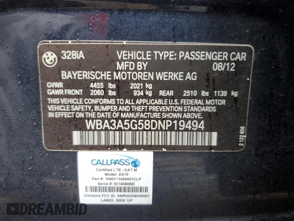 2013 BMW 3 Series 328i with VIN WBA3A5G58DNP19494, listed as a Copart auction lot 43179725 with 77,213 mi miles and Salvage Title. Bid and sale history available at carsss.com. Image 14.