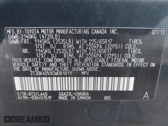 2012 Toyota RAV4 Limited with VIN 2T3DK4DVXCW081811, listed as a IAAI auction lot 41853754 with 162,934 mi miles. Bid and sale history available at carsss.com. Image 9.