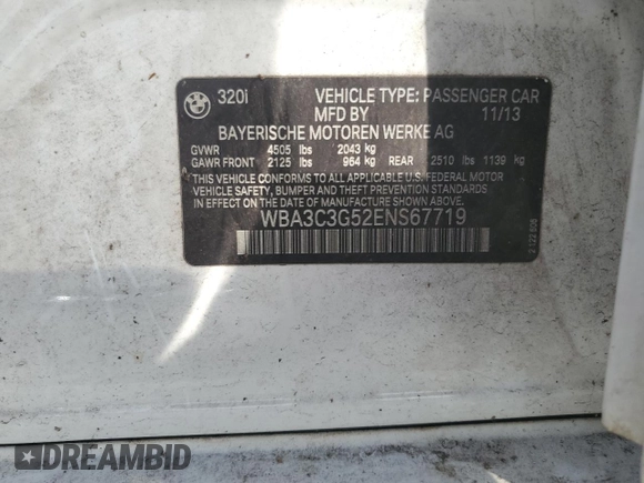 2014 BMW 3 Series 320i xDrive with VIN WBA3C3G52ENS67719, listed as a Copart auction lot 56863505 with 90,490 mi miles and Salvage title. Bid and sale history available at DreamBid. Image 12.