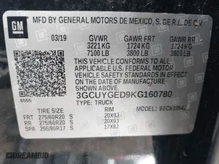 2019 Chevrolet Silverado 1500 LTZ with VIN 3GCUYGED9KG160780, listed as a IAAI auction lot 41574991 with 118,450 mi miles. Bid and sale history available at carsss.com. Image 9.