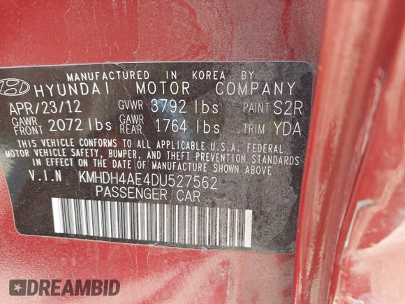 2013 Hyundai Elantra GLS with VIN KMHDH4AE4DU527562, listed as a IAAI auction lot 41848081 with 59,783 mi miles and . Bid and sale history available at DreamBid. Image 9.
