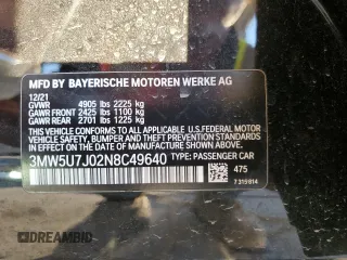 2022 BMW 3 Series M340i with VIN 3MW5U7J02N8C49640, listed as a Copart auction lot 83904304 with 0 mi miles and Non Repairable. Bid and sale history available at carsss.com. Image 14.