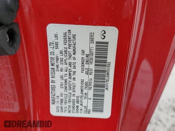 2017 Infiniti Q60 Red Sport 400 with VIN JN1FV7EL6HM701592, listed as a Copart auction lot 81462554 with 63,276 mi miles and Salvage title. Bid and sale history available at DreamBid. Image 12.