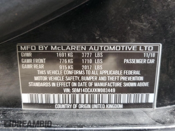 2019 McLaren 720S z VIN SBM14DCAXKW003449, wystawiony jako Copart lot #67229694 z przebiegiem 56 091 mil mil oraz Szkody całkowita. Historia ofert i sprzedaży dostępna na DreamBid. Obrazek 12.