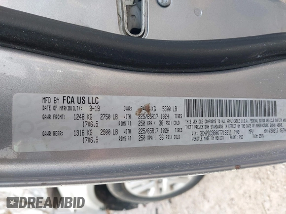 2019 Dodge Journey SE with VIN 3C4PDCBB0KT719211, listed as a IAAI auction lot 41823499 with 151,569 mi miles and . Bid and sale history available at DreamBid. Image 9.