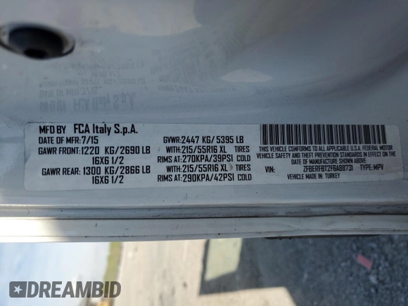 2015 Ram ProMaster City Cargo Tradesman SLT with VIN ZFBERFBT2F6A88731, listed as a Copart auction lot 52618525 with 85,687 mi miles and Salvage Title. Bid and sale history available at carsss.com. Image 13.