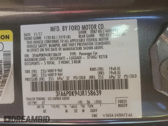 2018 Ford Fusion Titanium с VIN 3FA6P0K94JR158639, выставлен на аукционе Copart как лот 49331265 с пробегом 97 782 миль миль и Списание • Salvage title. История ставок и продаж доступна на DreamBid. Изображение 12.
