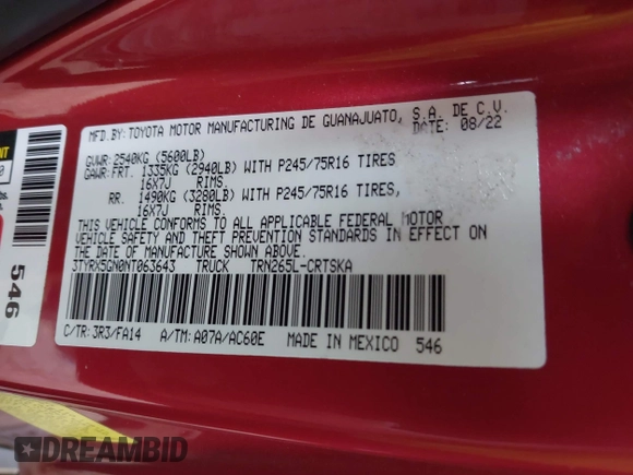 2022 Toyota Tacoma SR with VIN 3TYRX5GN0NT063643, listed as a IAAI auction lot 42368482 with 23,784 mi miles and . Bid and sale history available at DreamBid. Image 9.