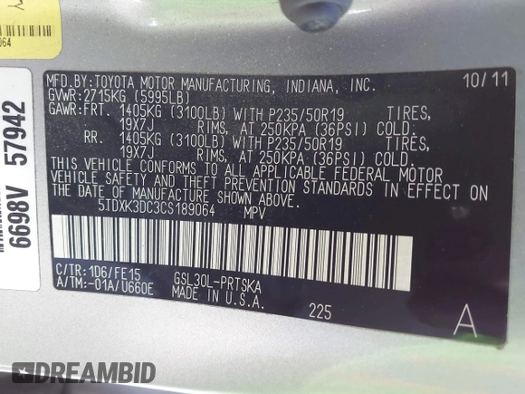 2012 Toyota Sienna SE with VIN 5TDXK3DC3CS189064, listed as a IAAI auction lot 42022390 with 193,016 mi miles and . Bid and sale history available at DreamBid. Image 9.