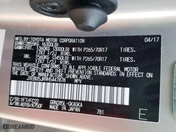 2017 Toyota 4Runner SR5 with VIN JTEBU5JR9H5447878, listed as a Copart auction lot 37391123 with 94,047 mi miles. Bid and sale history available at carsss.com. Image 12.