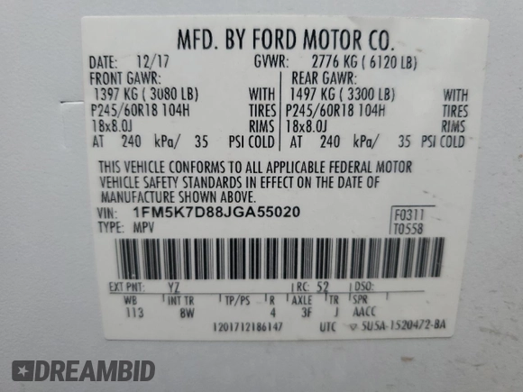2018 Ford Explorer XLT with VIN 1FM5K7D88JGA55020, listed as a Copart auction lot 60203595 with 82,679 mi miles and Salvage title. Bid and sale history available at DreamBid. Image 14.