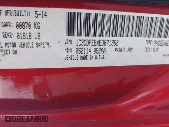 2014 Dodge Dart GT with VIN 1C3CDFEBXED871362, listed as a IAAI auction lot 41927980 with 132,098 mi miles. Bid and sale history available at carsss.com. Image 9.