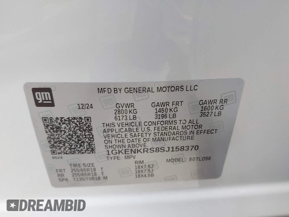 2025 GMC Acadia FWD Elevation z VIN 1GKENKRS8SJ158370, wystawiony jako IAAI lot #41933065 z przebiegiem Nie podano mil oraz . Historia ofert i sprzedaży dostępna na DreamBid. Obrazek 9.