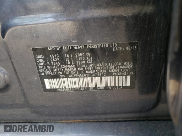 2015 Subaru Legacy 2.5i Limited with VIN 4S3BNAL63F3071412, listed as a Copart auction lot 70375183 with 140,994 mi miles. Bid and sale history available at carsss.com. Image 13.