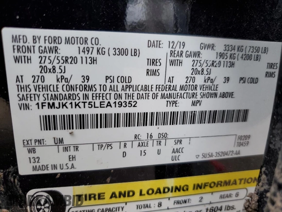 2020 Ford Expedition Max Limited z VIN 1FMJK1KT5LEA19352, wystawiony jako Copart lot #54981995 z przebiegiem 124 453 mil mil oraz Szkoda całkowita • Salvage title. Historia ofert i sprzedaży dostępna na DreamBid. Obrazek 13.