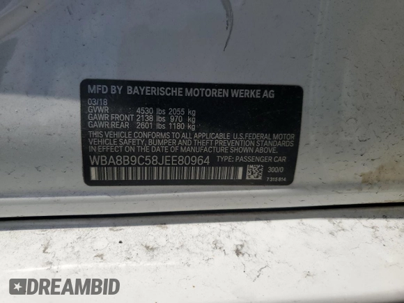 2018 BMW 3 Series 330i with VIN WBA8B9C58JEE80964, listed as a Copart auction lot 57103285 with 188,488 mi miles and Salvage title. Bid and sale history available at DreamBid. Image 12.