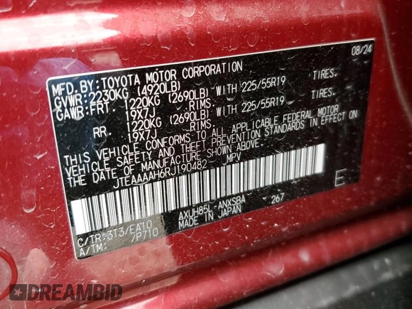 2024 Toyota Venza LE z VIN JTEAAAAH6RJ190482, wystawiony jako Copart lot #54734025 z przebiegiem 5 866 mil mil oraz Szkoda całkowita • Salvage title. Historia ofert i sprzedaży dostępna na DreamBid. Obrazek 13.