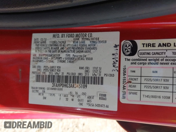 2010 Ford Fusion SE with VIN 3FAHP0HG3AR345109, listed as a IAAI auction lot 42156962 with 141,224 mi miles and . Bid and sale history available at DreamBid. Image 9.