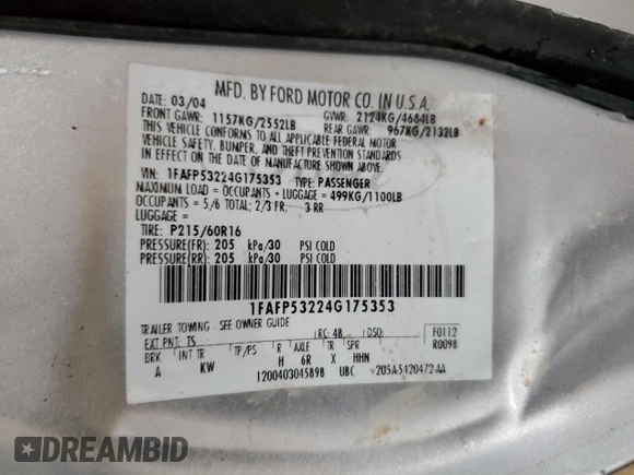 2004 Ford Taurus SE with VIN 1FAFP53224G175353, listed as a Copart auction lot 52713935 with 213,375 mi miles and Salvage Title. Bid and sale history available at DreamBid. Image 12.