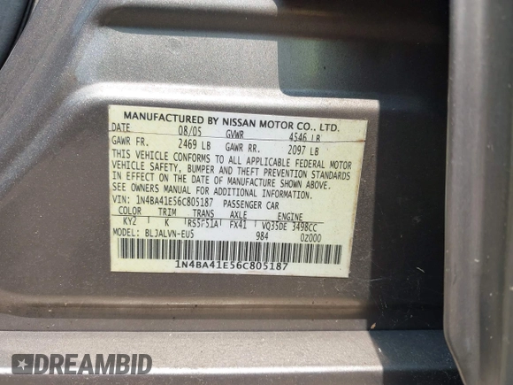 2006 Nissan Maxima SE with VIN 1N4BA41E56C805187, listed as a IAAI auction lot 42410242 with Not provided miles and . Bid and sale history available at DreamBid. Image 9.
