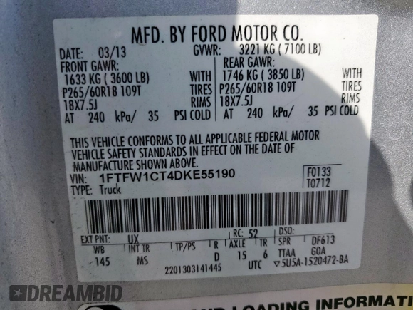 2013 Ford F-150 XL with VIN 1FTFW1CT4DKE55190, listed as a Copart auction lot 53173145 with 98,334 mi miles and Salvage Title. Bid and sale history available at carsss.com. Image 12.