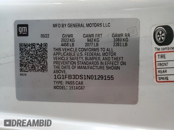 2022 Chevrolet Camaro 1LT with VIN 1G1FB3DS1N0129155, listed as a Copart auction lot 54380425 with 21,079 mi miles and Salvage Title. Bid and sale history available at DreamBid. Image 12.