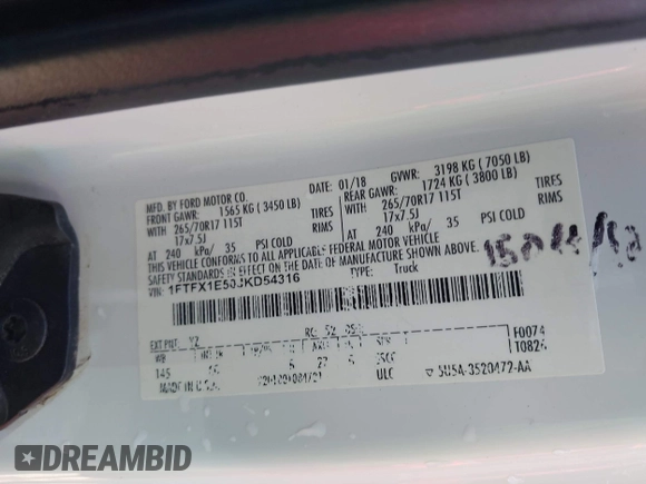2018 Ford F-150 XL with VIN 1FTFX1E50JKD54316, listed as a IAAI auction lot 41994745 with 210,156 mi miles and . Bid and sale history available at DreamBid. Image 9.