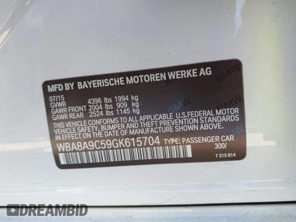 2016 BMW 3 Series 320i with VIN WBA8A9C59GK615704, listed as a IAAI auction lot 41431347 with 76,827 mi miles. Bid and sale history available at carsss.com. Image 9.
