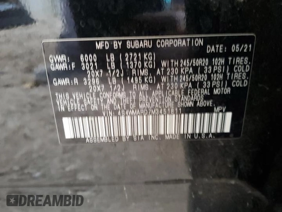 2021 Subaru Ascent Touring with VIN 4S4WMARD7M3451811, listed as a Copart auction lot 56746415 with 68,488 mi miles and Salvage title. Bid and sale history available at DreamBid. Image 13.