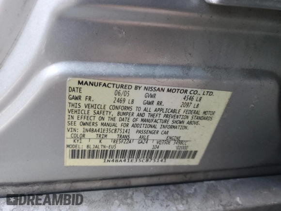 2005 Nissan Maxima 3.5 SE with VIN 1N4BA41E35C875141, listed as a Copart auction lot 45846235 with 185,415 mi miles and Salvage Title. Bid and sale history available at carsss.com. Image 12.