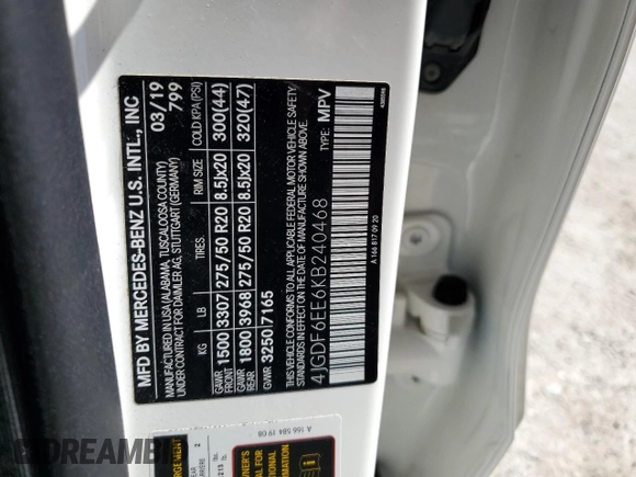 2019 Mercedes-Benz GLS 450 with VIN 4JGDF6EE6KB240468, listed as a Copart auction lot 58769884 with 74,147 mi miles and Salvage Title. Bid and sale history available at DreamBid. Image 13.