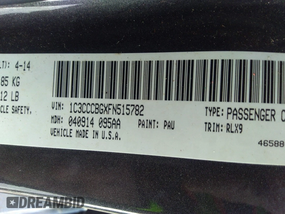 2015 Chrysler 200 S with VIN 1C3CCCBGXFN515782, listed as a IAAI auction lot 41639282 with 138,747 mi miles. Bid and sale history available at carsss.com. Image 9.