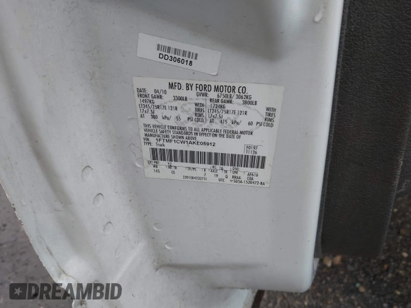 2010 Ford F-150 XL with VIN 1FTMF1CW1AKE05912, listed as a IAAI auction lot 42349988 with 254,902 mi miles and . Bid and sale history available at DreamBid. Image 9.