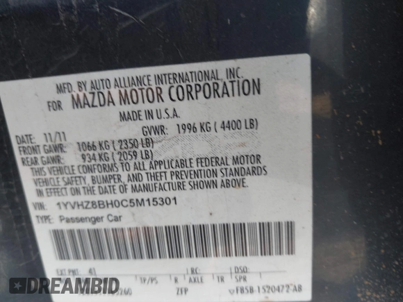 2012 Mazda 6 i Sport with VIN 1YVHZ8BH0C5M15301, listed as a IAAI auction lot 41703887 with 219,358 mi miles and . Bid and sale history available at carsss.com. Image 9.